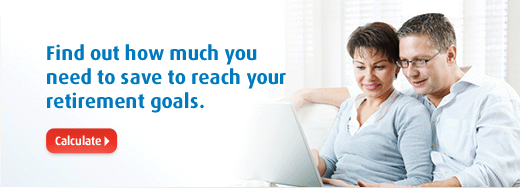 Find out how much you need to reach your retirement goals. Photo of a couple sitting in front of a laptop.