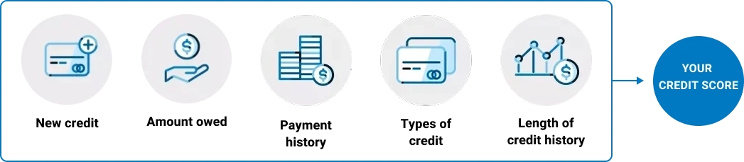 A chart outlining what contributes to your credit score: New credit, Amount owed, Payment history, Types of credit and length of credit history all contribute to your credit score
