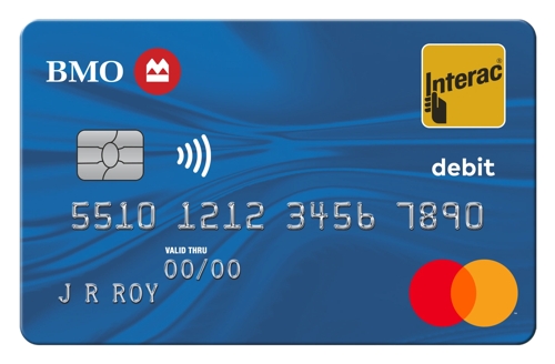 Image of B M O debit cards featuring the Mastercard and Interac logos