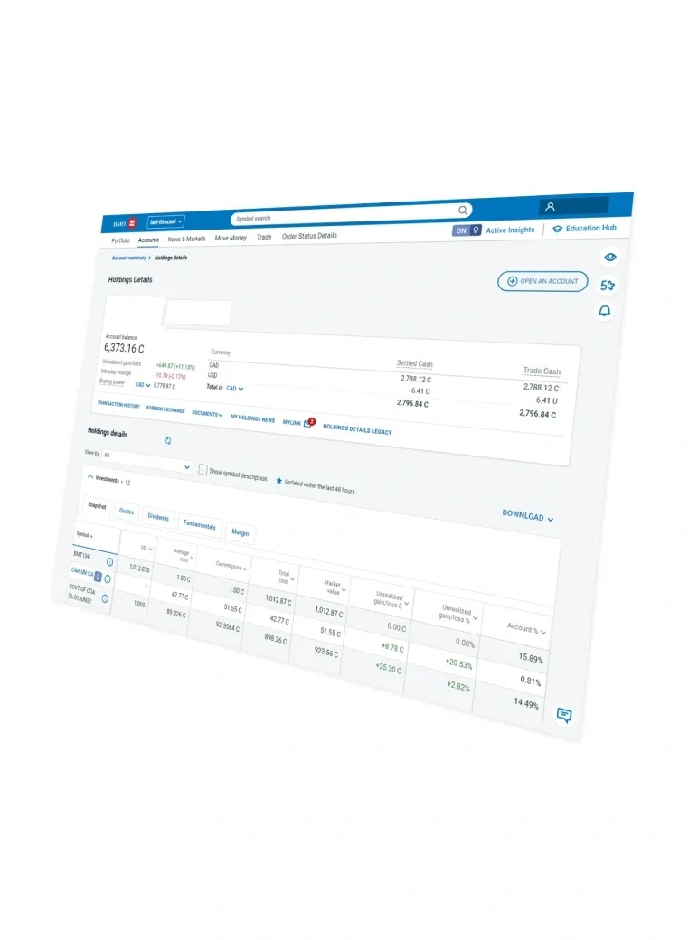 A screen listing holding summaries of a user’s tracked stocks