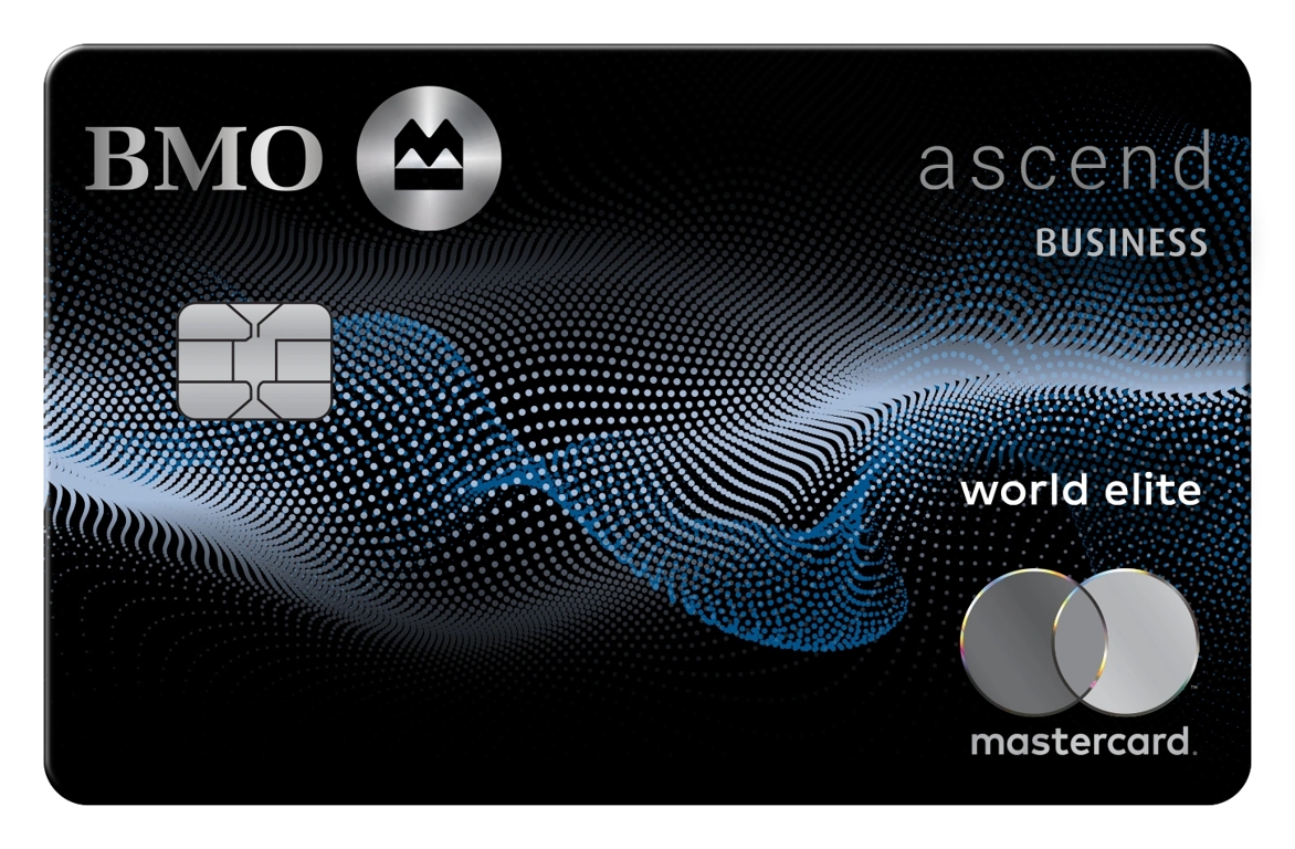 A black BMO Ascend Business World Elite Mastercard is shown with a metallic chip and a flowing pattern of blue and white dots across the card’s surface.