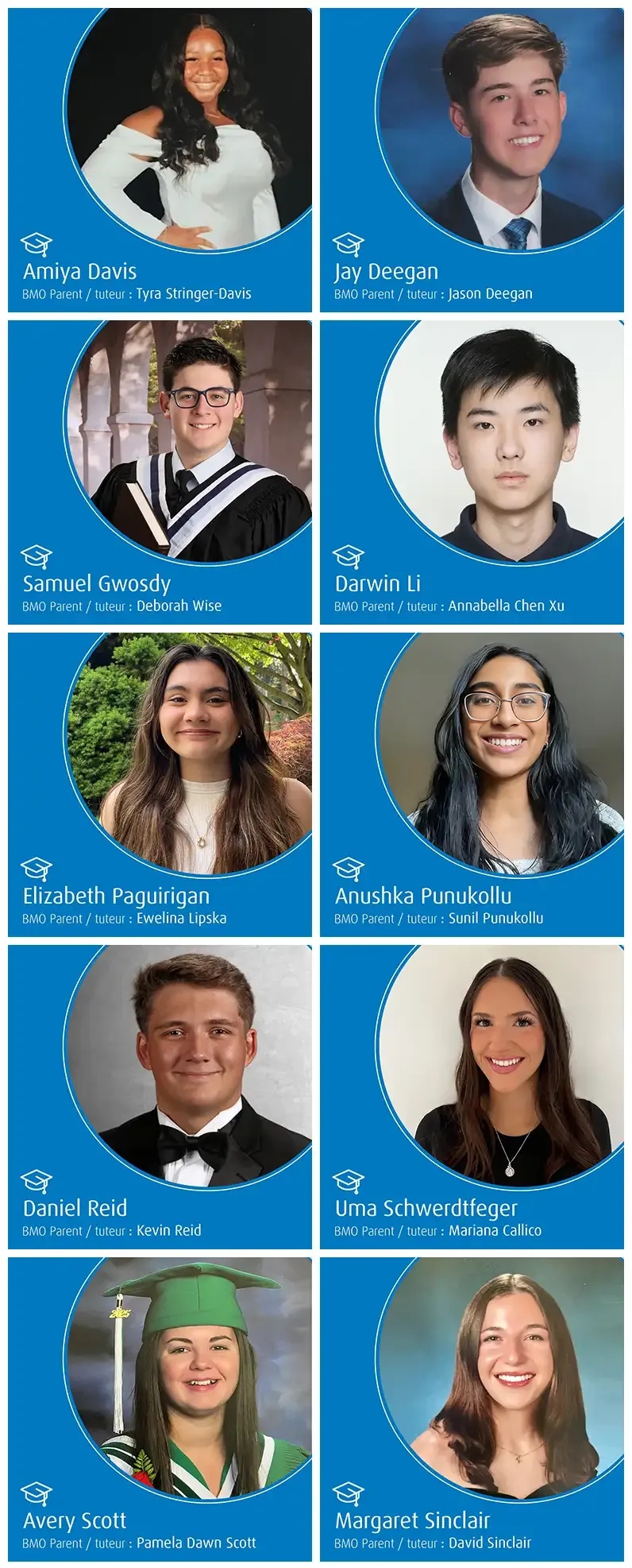 Lauréats de la Bourse d’études BMO200 William A. Downe de 2025 : Amiya Davis, Jay Deegan, Samuel Gwosdy, Darwin Li, Elizabeth Paguirigan, Anushka Punukollu, Daniel Reid, Uma Schwerdtfeger, Avery Scott et Margaret Sinclair