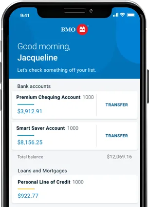 screen shot of B M O mobile banking app