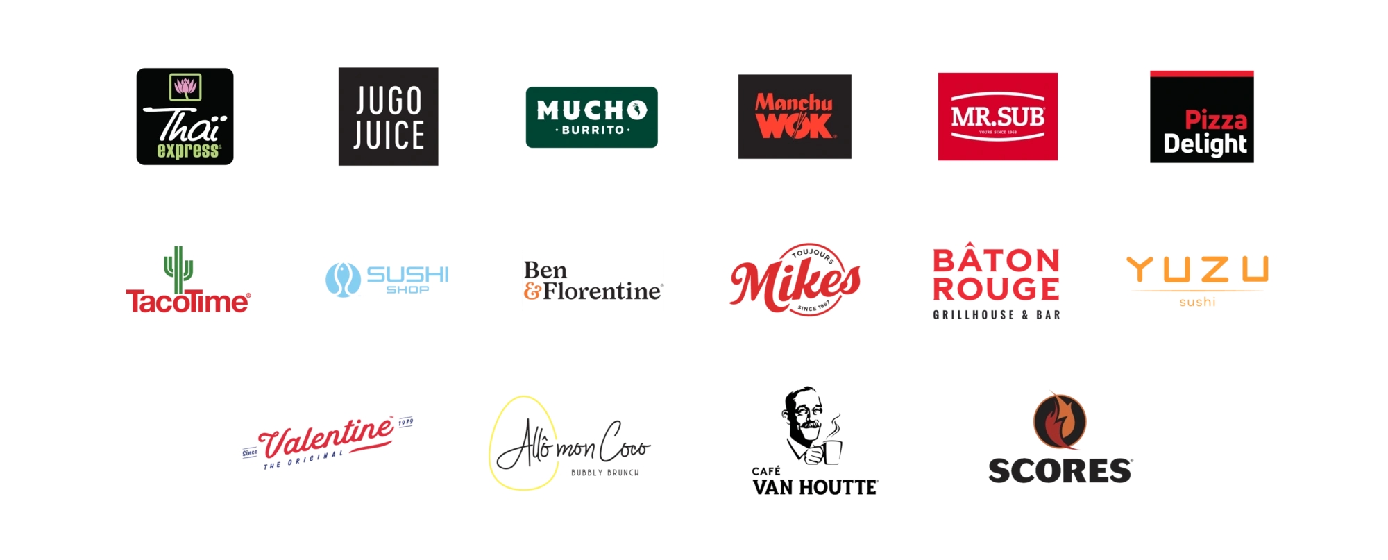 Logos for food and drink partners, including Thai Express, Jugo Juice, Mucho Burrito, Manchu Wok, Mr. Sub, Pizza Delight, Sushi Shop, Taco Time, Ben & Florentine, Valentine, Toujours Mikes, Yuzu, Baton Rouge, Allo mon coco, Vanhoutte, scores