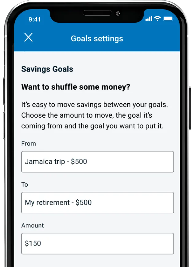 Screenshot of banking mobile app showing how to move savings between goals through the savings goals feature