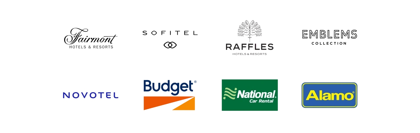 Logos for hotel and car rental partners, including Fairmont, Sofitel, Raffles, Emblems, Novotel, Budget and National Car Rental