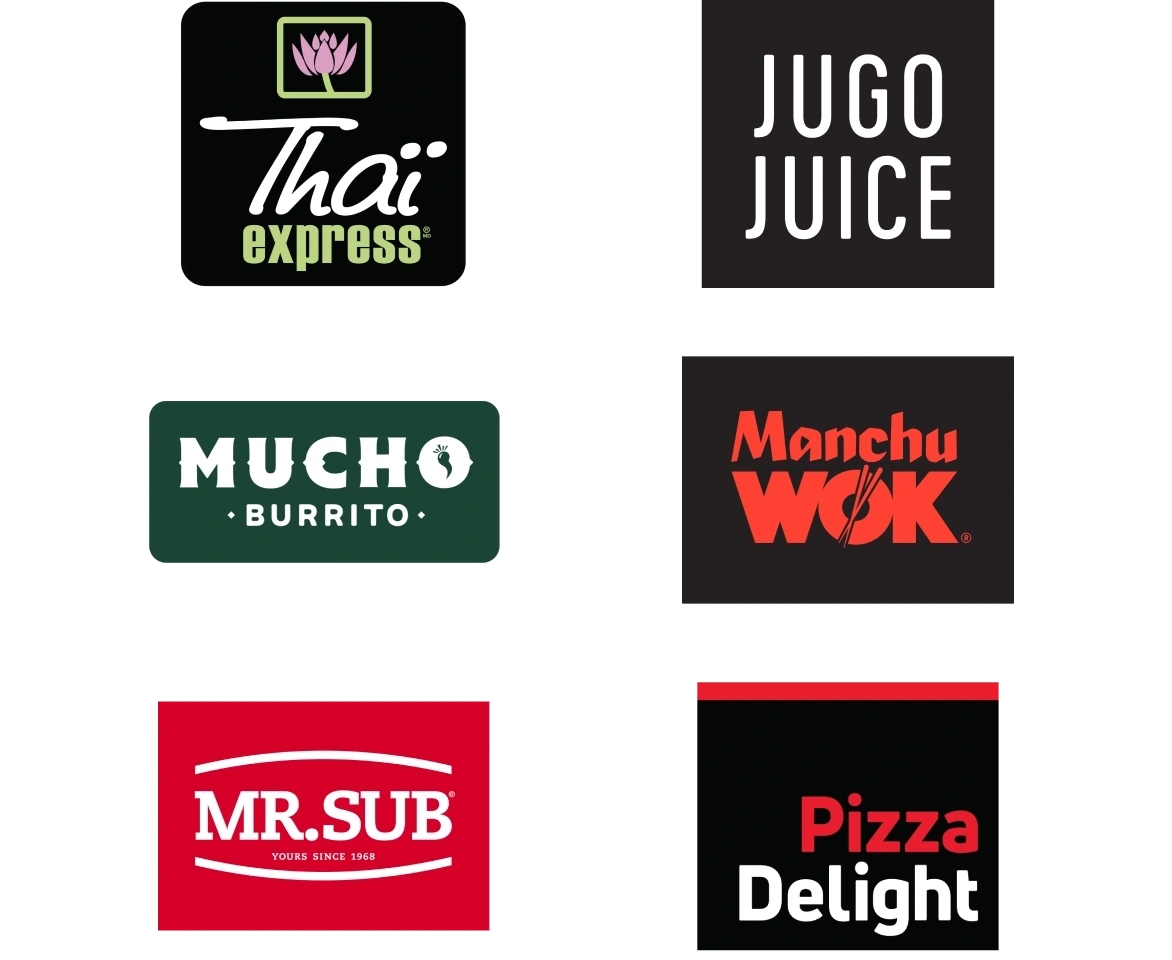Logos for food and drink partners, including Thai Express, Jugo Juice, Mucho Burrito, Manchu Wok, Mr. Sub, Pizza Delight