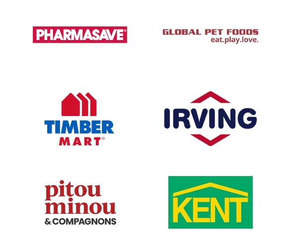 Logos for everyday essentials partners, including pharmasave, global pet foods, timber mart, irving, pitou minou and compagnons, and kent