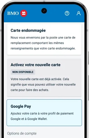 Écran Gérer votre carte ouvert avec l’élément de menu Google Pay est sélectionné