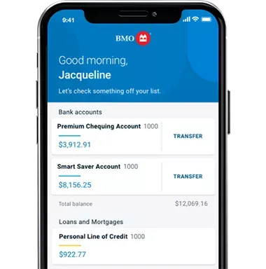 screen shot of BMO mobile banking app, displaying the accounts summary page