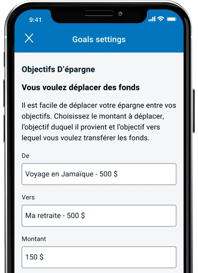 Saisie d’écran de l’appli Services mobiles B M O montrant comment déplacer l’épargne entre les objectifs grâce à la fonction d’objectifs d’épargne