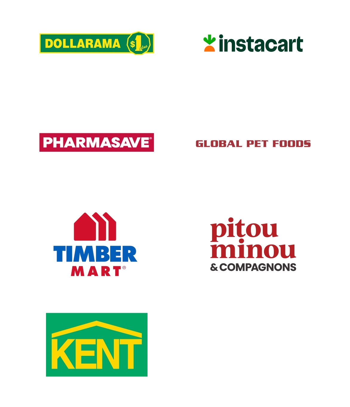 Logos pour les achats courants chez les partenaires, y compris Dollarama, Instacart, Pharmasave, Global Pet Foods, Timber Mart, Pitou Minou & Compagnons, et Kent