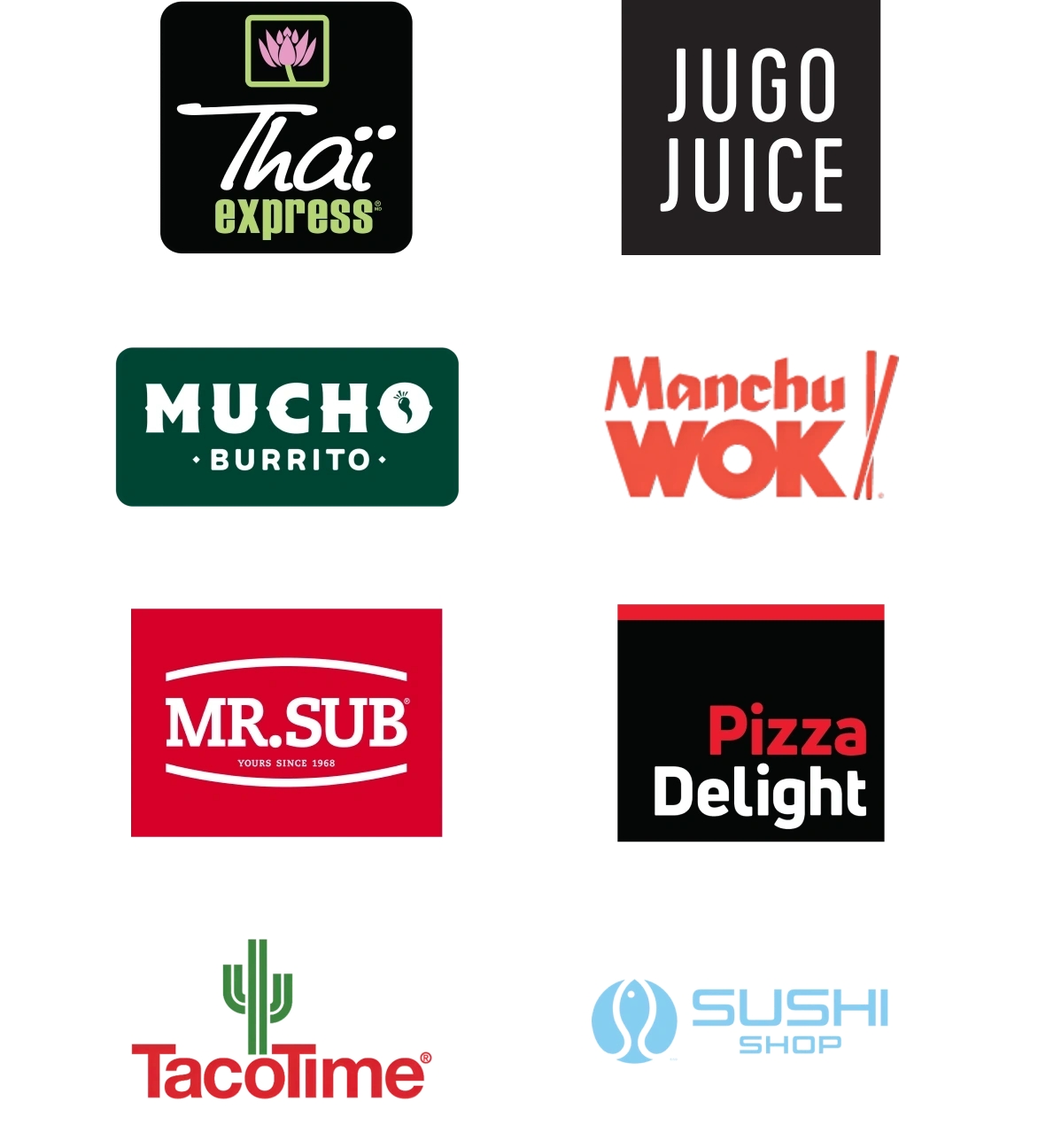 Logos for food and drink partners, including Thai Express, Jugo Juice, Mucho Burrito, Manchu Wok, Mr. Sub, Pizza Delight