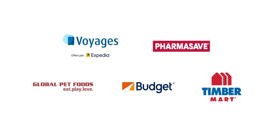 Exemples de partenaires Récompenses Bleu : Voyages, offert par Expedia, Pharmasave, Global Pet Foods, Budget et Timbermart
