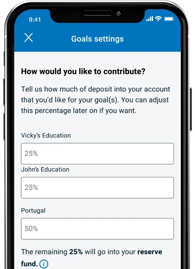 Screenshot of banking mobile app showing how to split your deposit between goals through the savings goals feature
