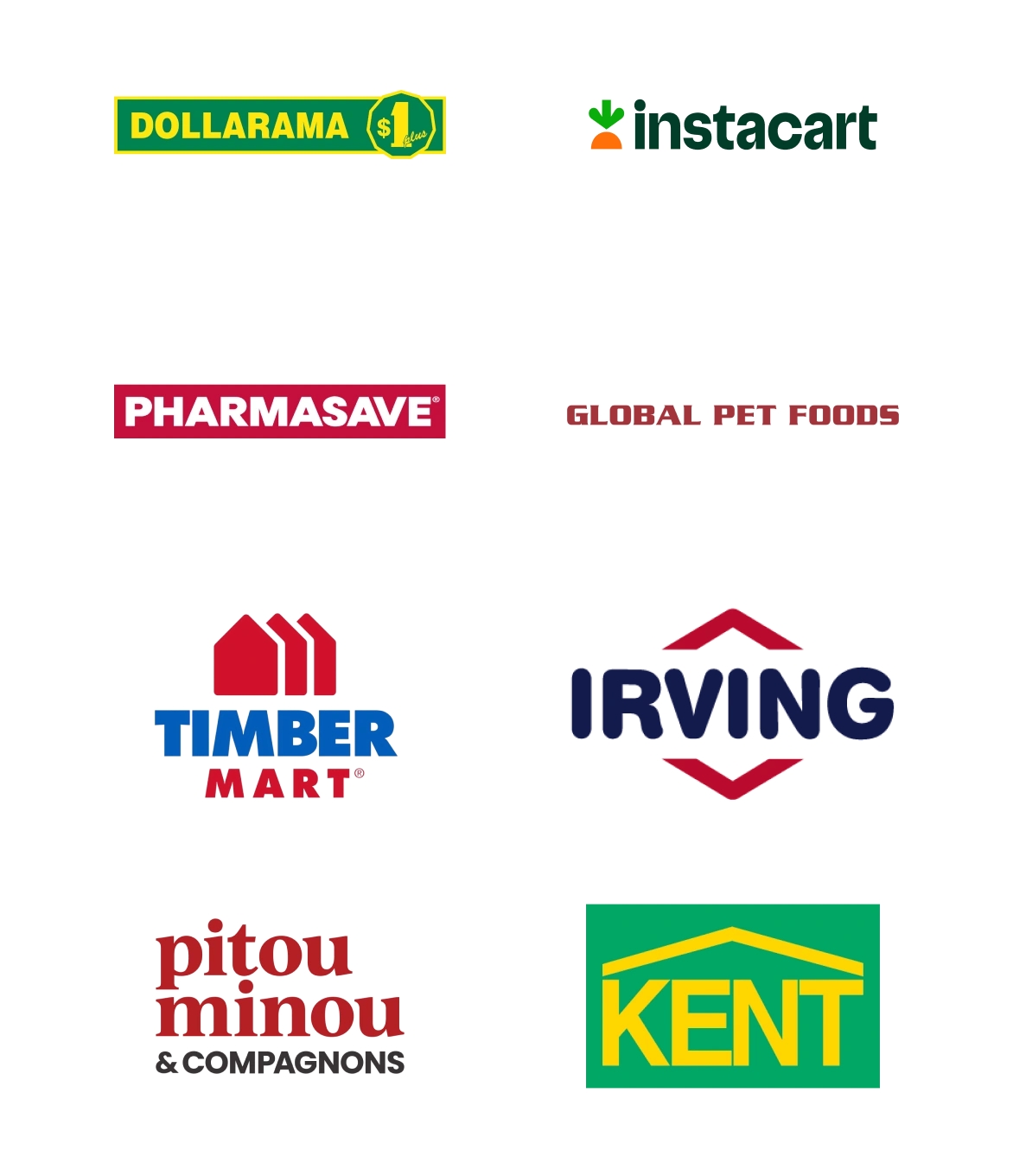 Logos for everyday essentials partners, including dollarama, instacart, pharmasave, global pet foods, timber mart, irving, pitou minou and compagnons, and kent