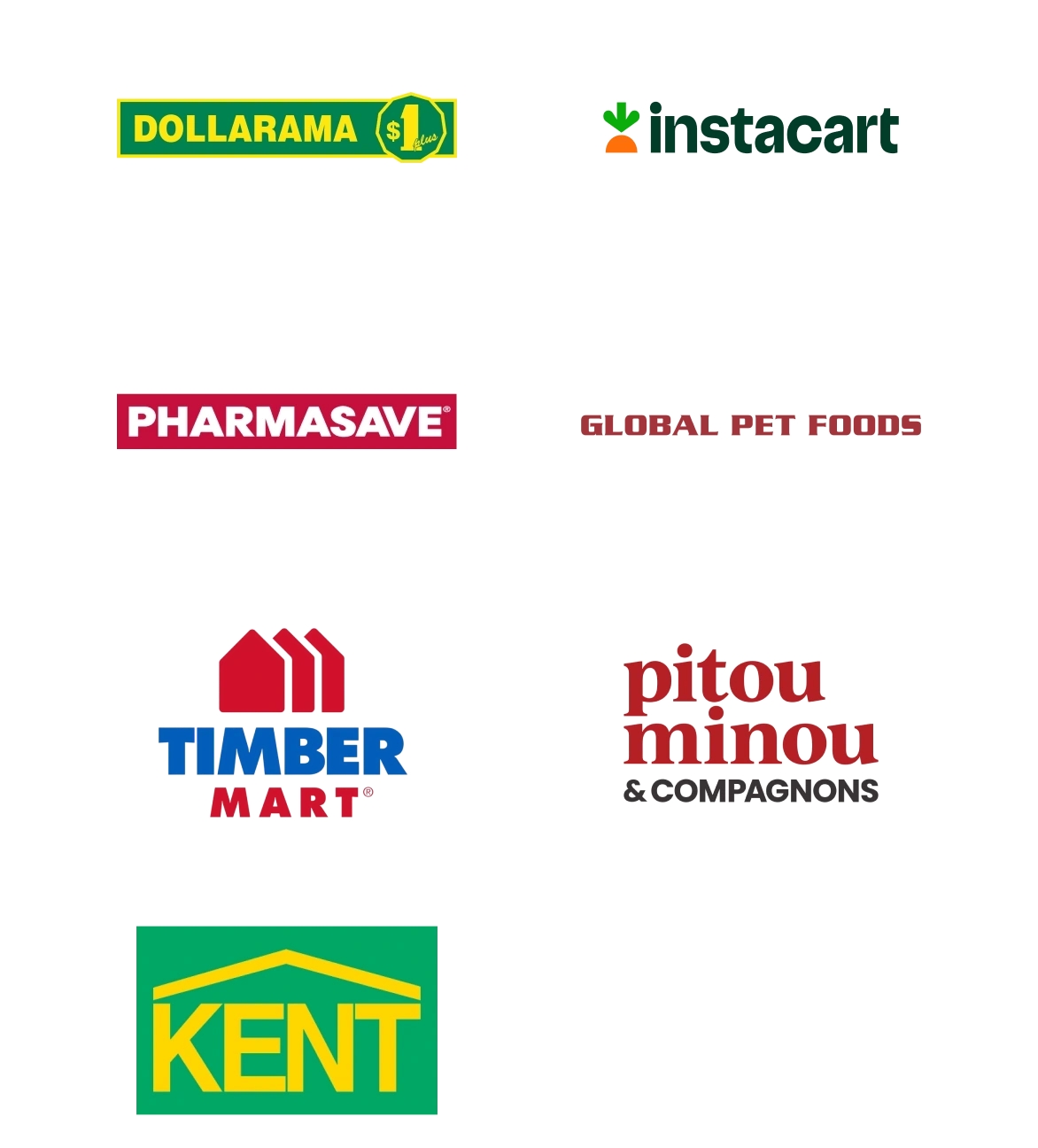 Logos pour les achats courants chez les partenaires, y compris Instacart, Pharmasave, Global Pet Foods, Timber Mart, Pitou Minou & Compagnons, et Kent