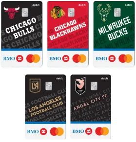 Image shows five B M O team debit cards. Each card has a different design and colour scheme to depict one sports team, including the Chicago Bulls, the Chicago Blackhawks, the Milwaukee Bucks, the Los Angeles Football Club, and the Angel City Football Club
