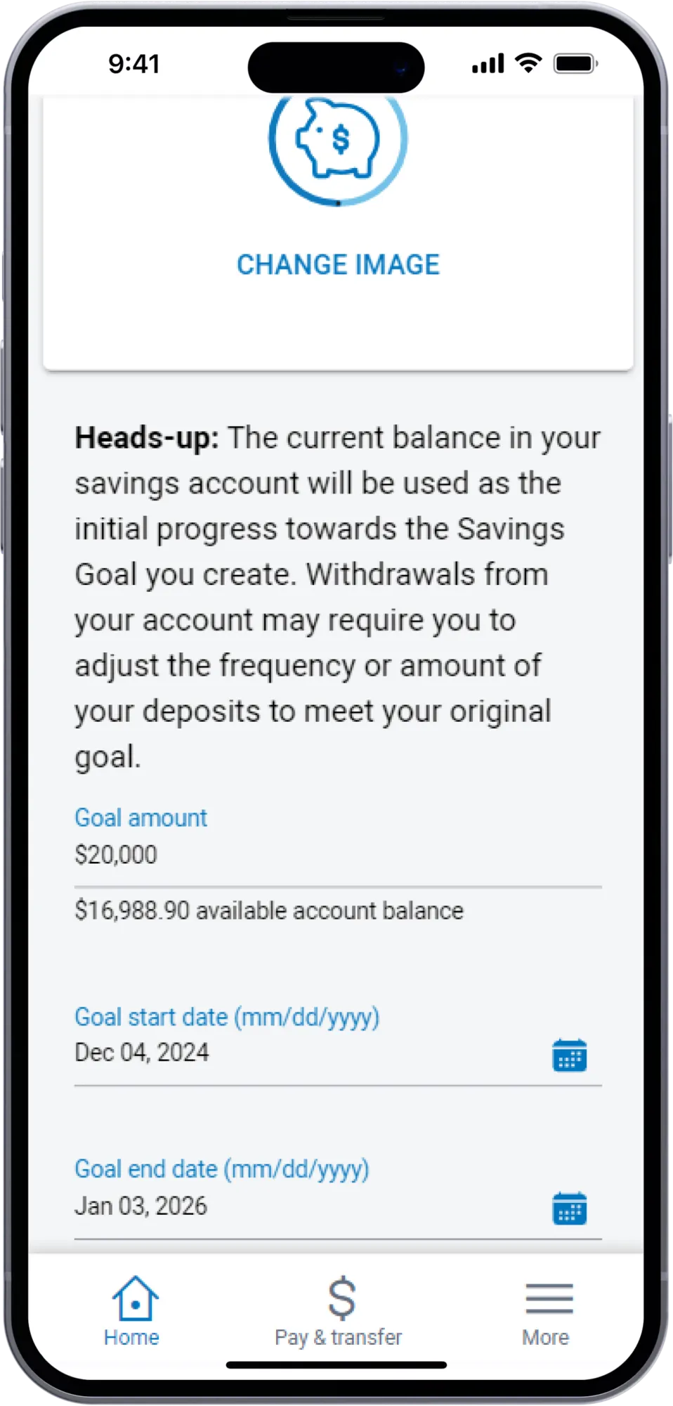 Screenshot of mobile banking app, displaying the Savings Goals feature