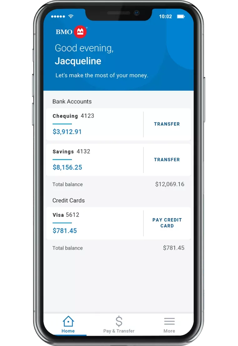 screen shot of BMO mobile banking app, displaying the accounts summary page