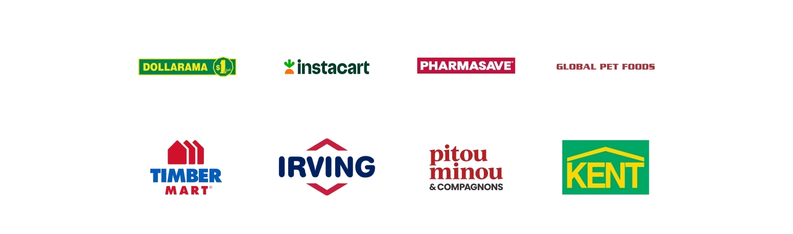 Logos for everyday essentials partners, including dollarama, instacart, pharmasave, global pet foods, timber mart, irving, pitou minou and compagnons, and kent
