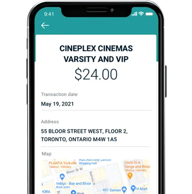 screen shot of BMO mobile banking app, displaying cineplex purchase