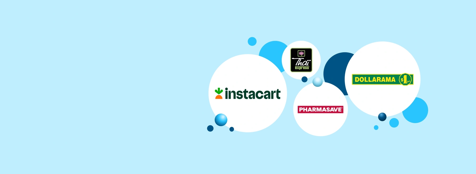 Logos pour les chez les Récompenses Bleu partenaires, y compris instacart, Thai express, Dollarama et Pharmasave.