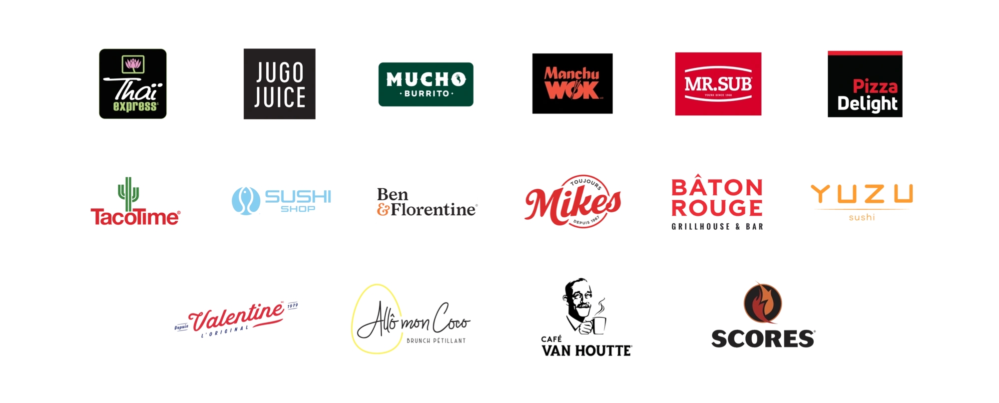 Logos pour les nourriture et boisson chez les partenaires, y compris Thai Express, Jugo Juice, Mucho Burrito, Manchu Wok, Mr. Sub, Pizza Delight, Sushi Shop, Taco Time, Ben & Florentine, Valentine, Toujours Mikes, Yuzu, Baton Rouge, Allo, vanhoutte, scores