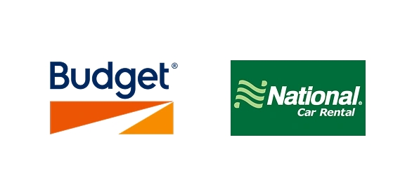Logos for car rental partners, including Budget and National Car Rental