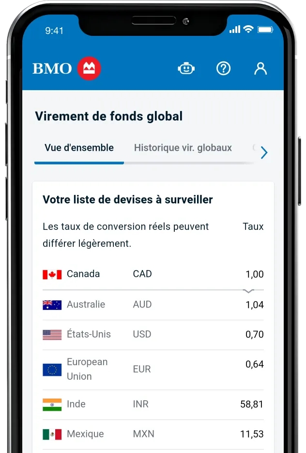 Capture d’écran des taux de change en temps réel pour le service Virement de fonds global B M Odans l’appli Services mobiles B M O
