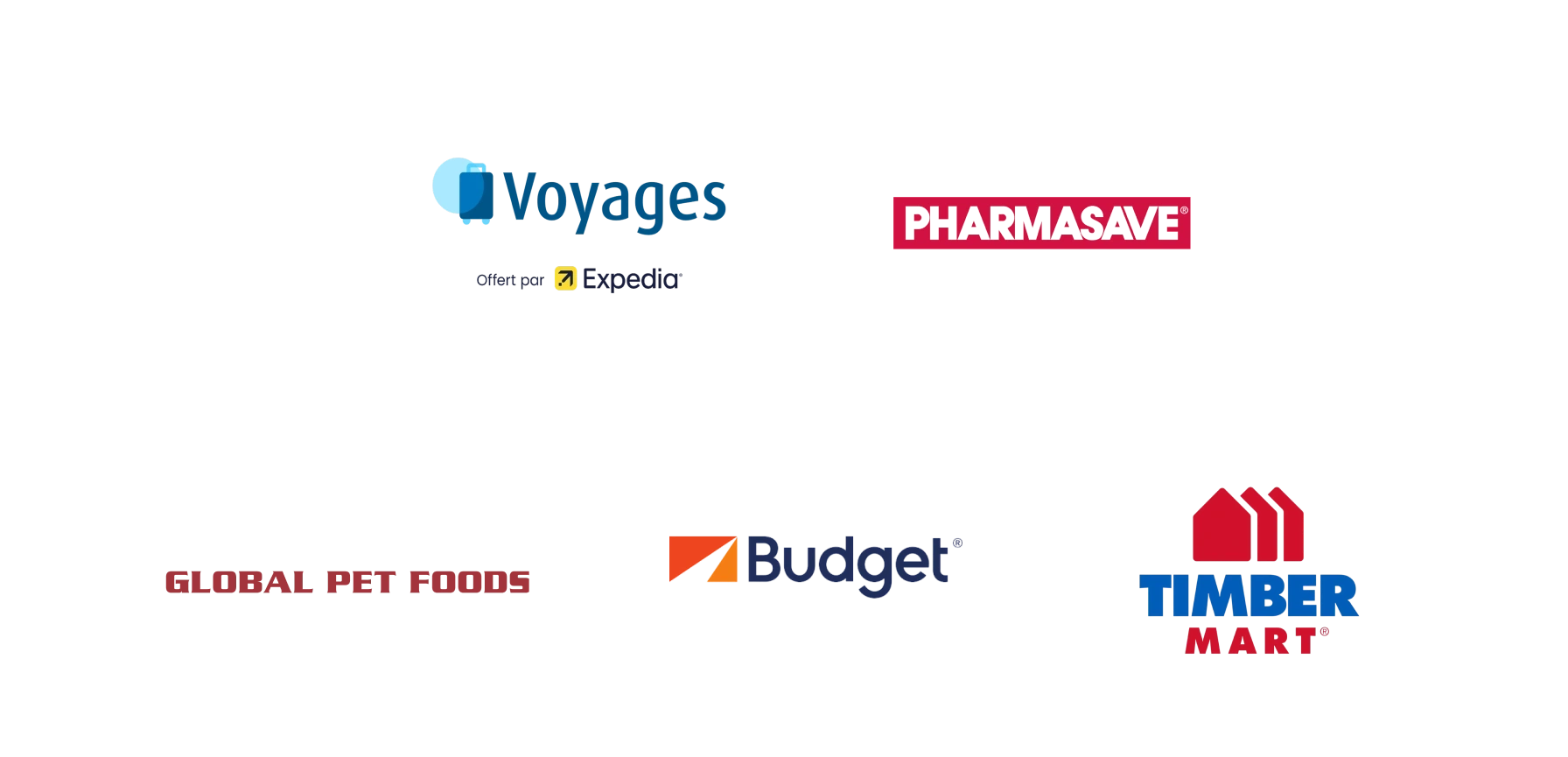 Exemples de partenaires Récompenses Bleu : Voyages, offert par Expedia, Pharmasave, Global Pet Foods, Budget et Timbermart