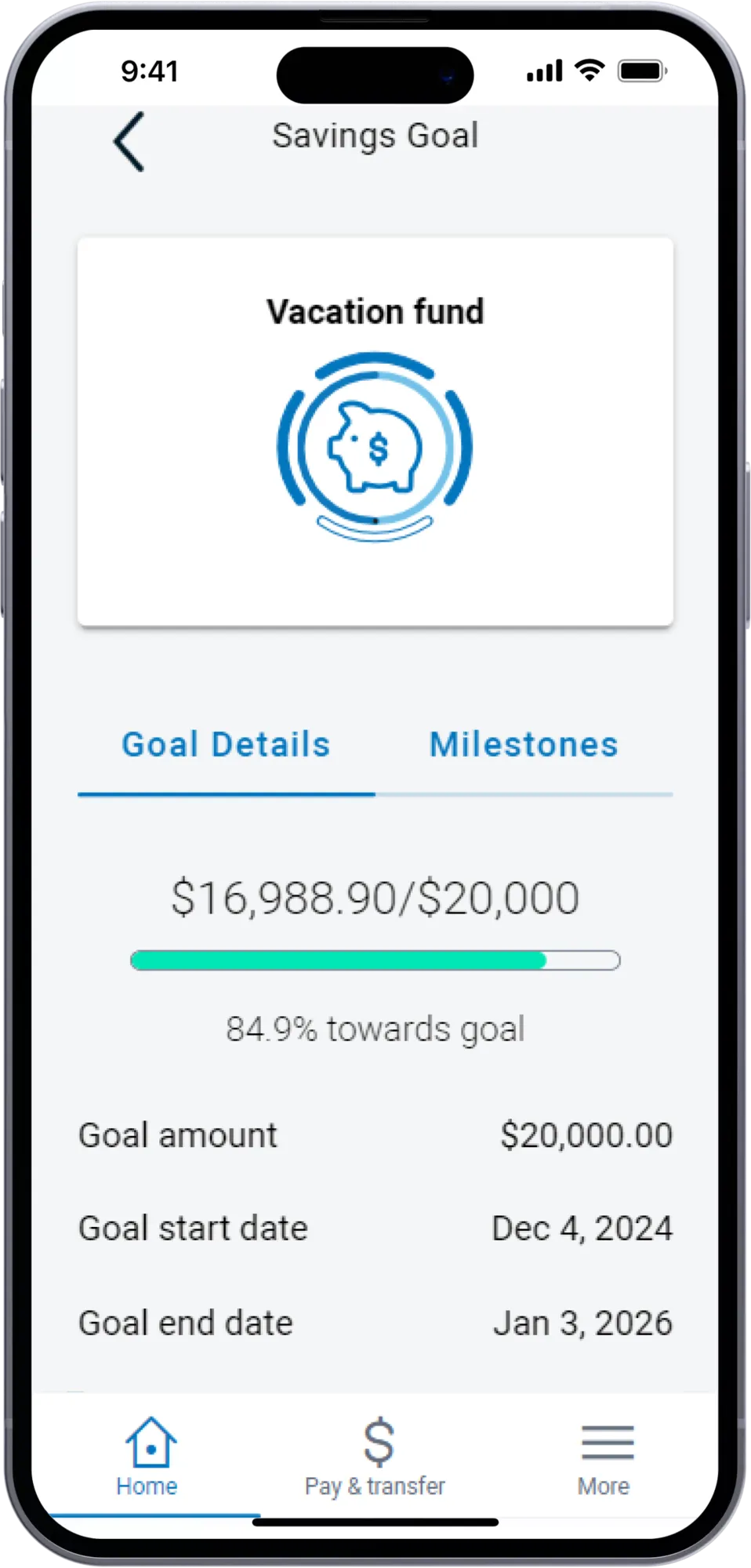 Screenshot of mobile banking app, displaying the Savings Goals feature