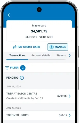 B M O app opened on Credit card screen with Manage button selected