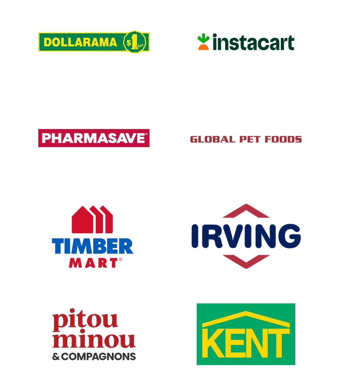 Logos for everyday essentials partners, including dollarama, instacart, pharmasave, global pet foods, timber mart, irving, pitou minou and compagnons, and kent