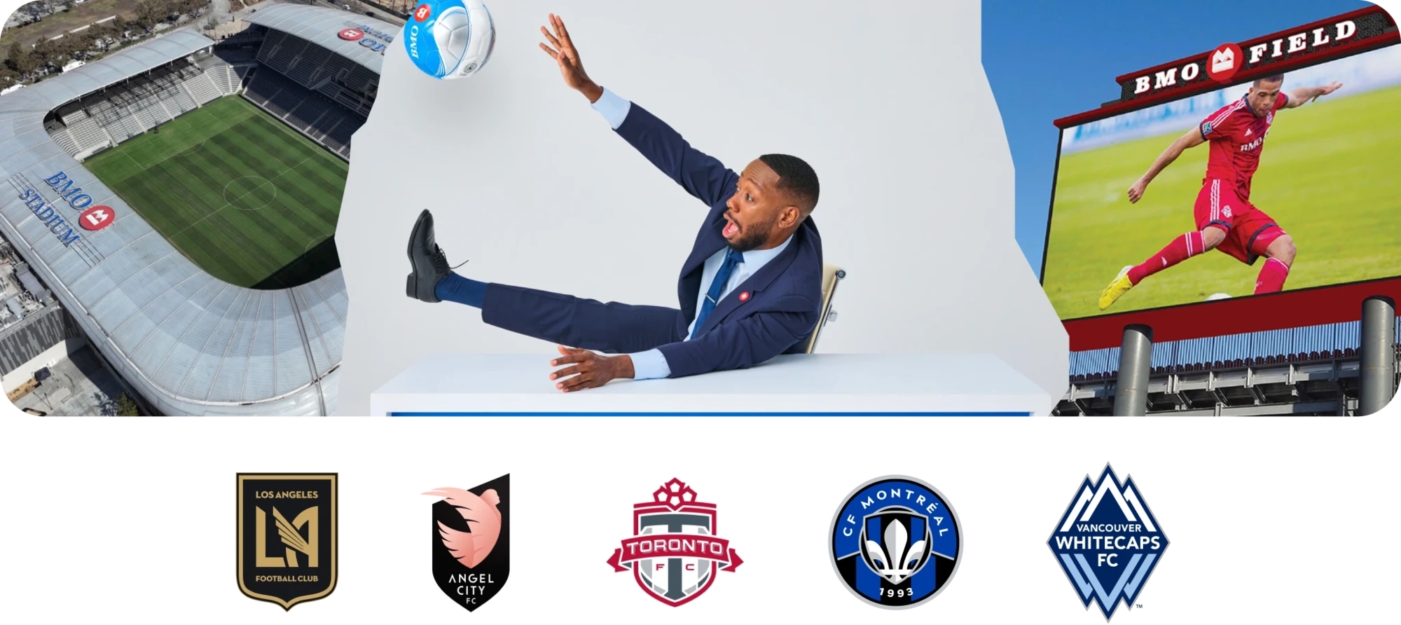L A F C logo, Angel City F C logo, Toronto F C logo,  C F Montréal logo and Vancouver Whitecaps logo
