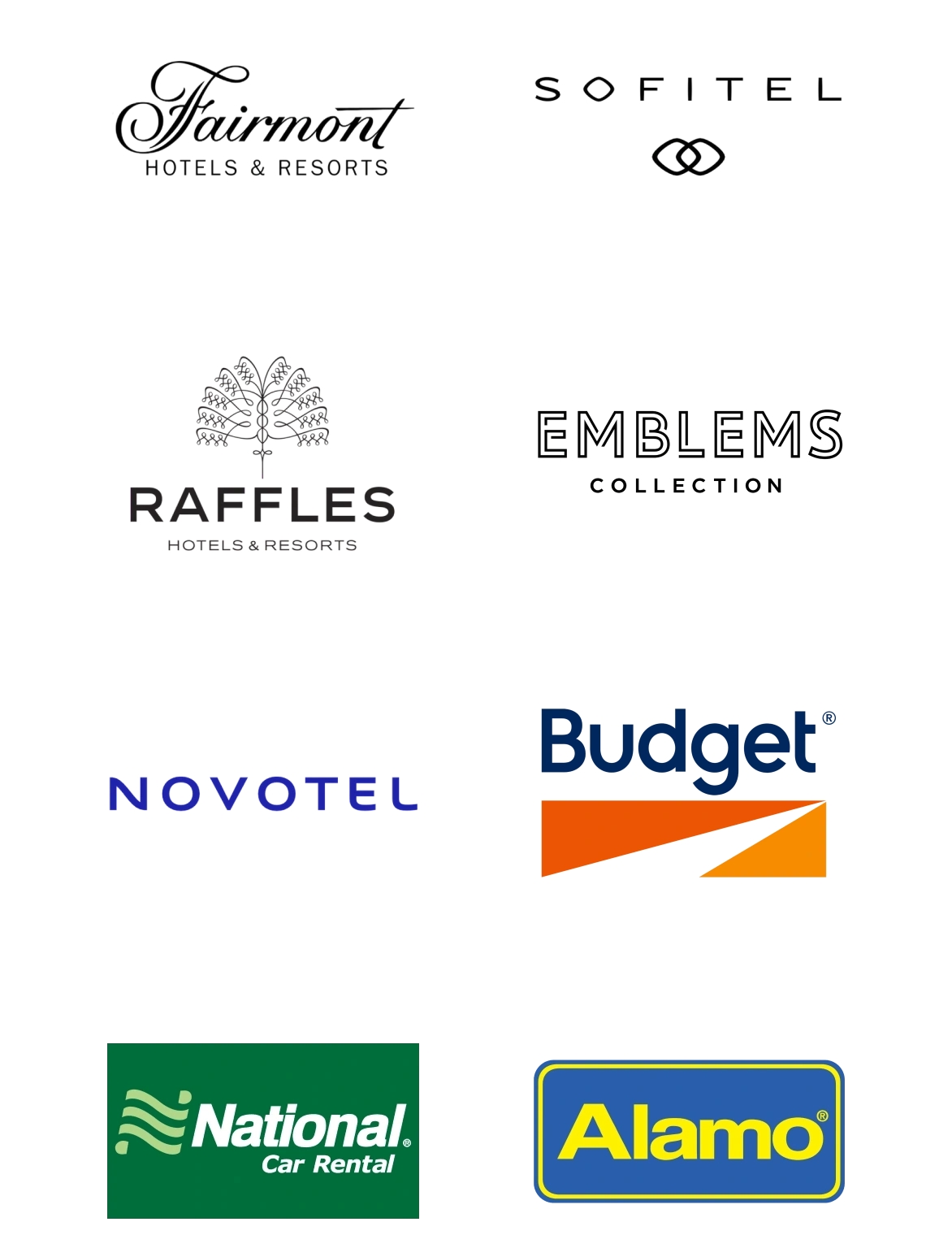 Logos for hotel and car rental partners, including Fairmont, Sofitel, Raffles, Emblems, Novotel, Budget and National Car Rental