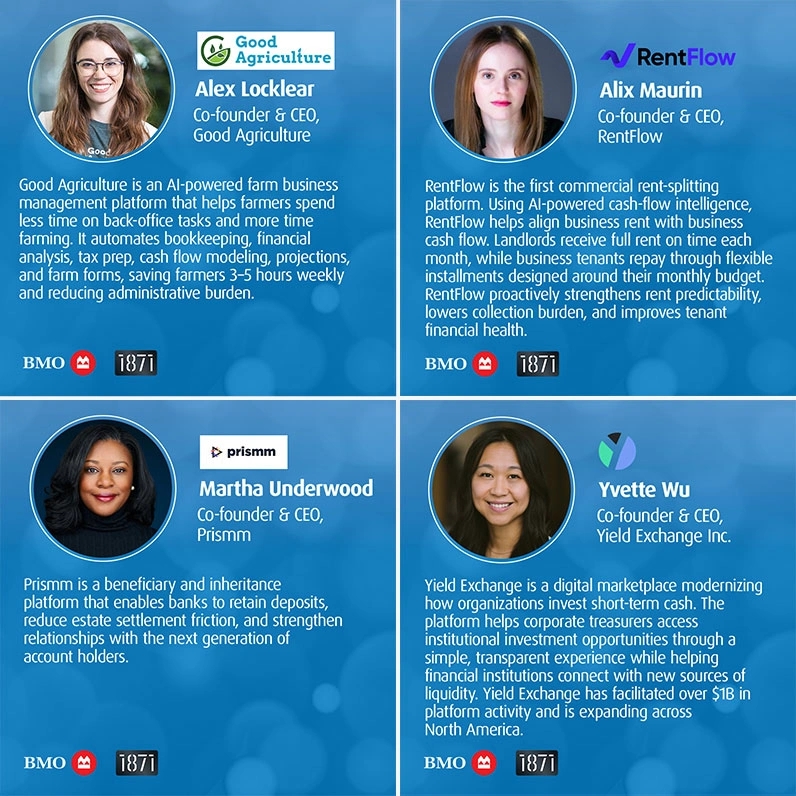 Sheri Atwood, Co-founder and CEO of SupportPay, Alex Locklear, Co-founder and CEO of Good Agriculture, Alix Maurin, Co-founder and CEO of RentFlow, Martha Underwood, Co-founder and CEO of Prismm, and Yvette Wu, Co-founder and CEO of Yield Exchange Inc.