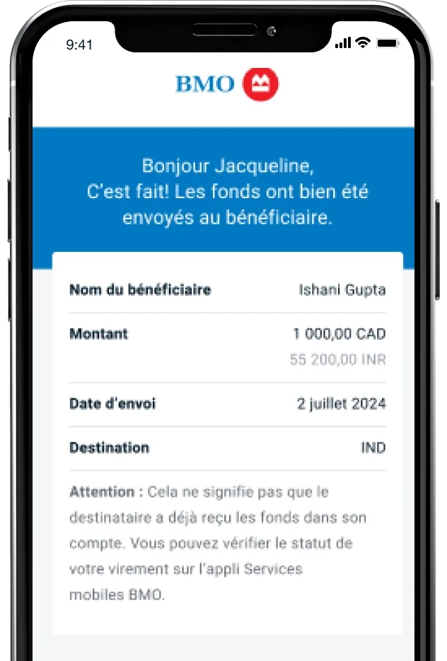 Capture d’écran du suivi de l’état d’un virement du service Virement de fonds global B M O dans l’appli Services mobiles B M O