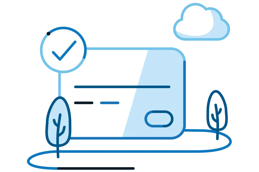 An icon of a road with trees and a cloud featuring a credit card with a check mark symbol