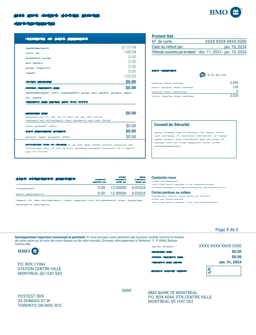 Exemple d'un relevé de compte de carte de crédit BMO