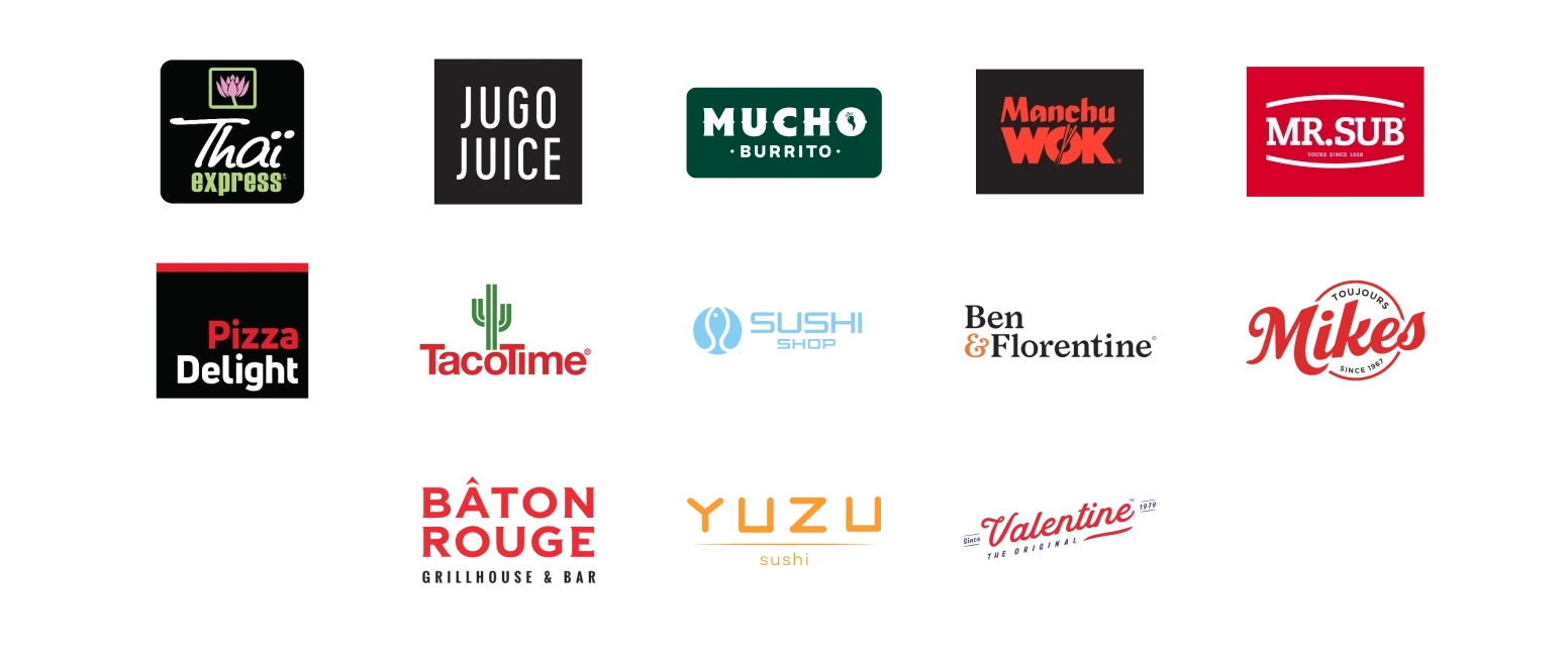 Logos for food and drink partners, including Thai Express, Jugo Juice, Mucho Burrito, Manchu Wok, Mr. Sub, Pizza Delight, Sushi Shop, Taco Time, Ben & Florentine, Valentine, Toujours Mikes, Yuzu, Baton Rouge