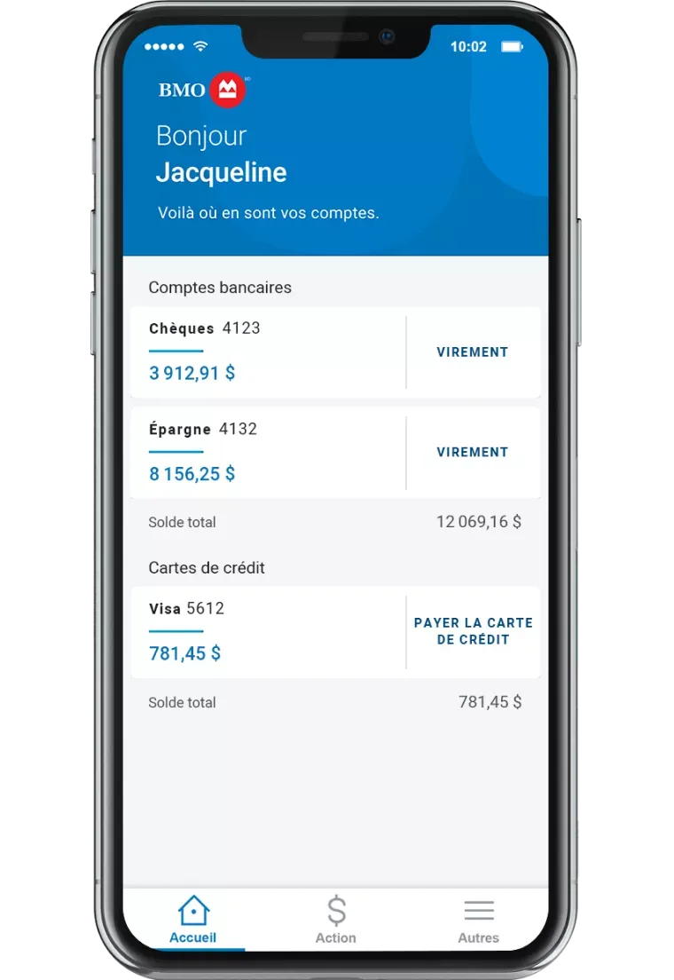capture d'écran de l'appli mobile de B M O, affichant la page de résumé des comptes