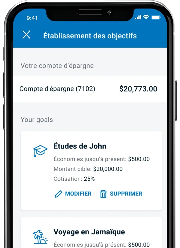 Saisie d’écran de l’appli Services mobiles B M O montrant comment revoir et modifier les objectifs grâce à la fonction d’objectifs d’épargne