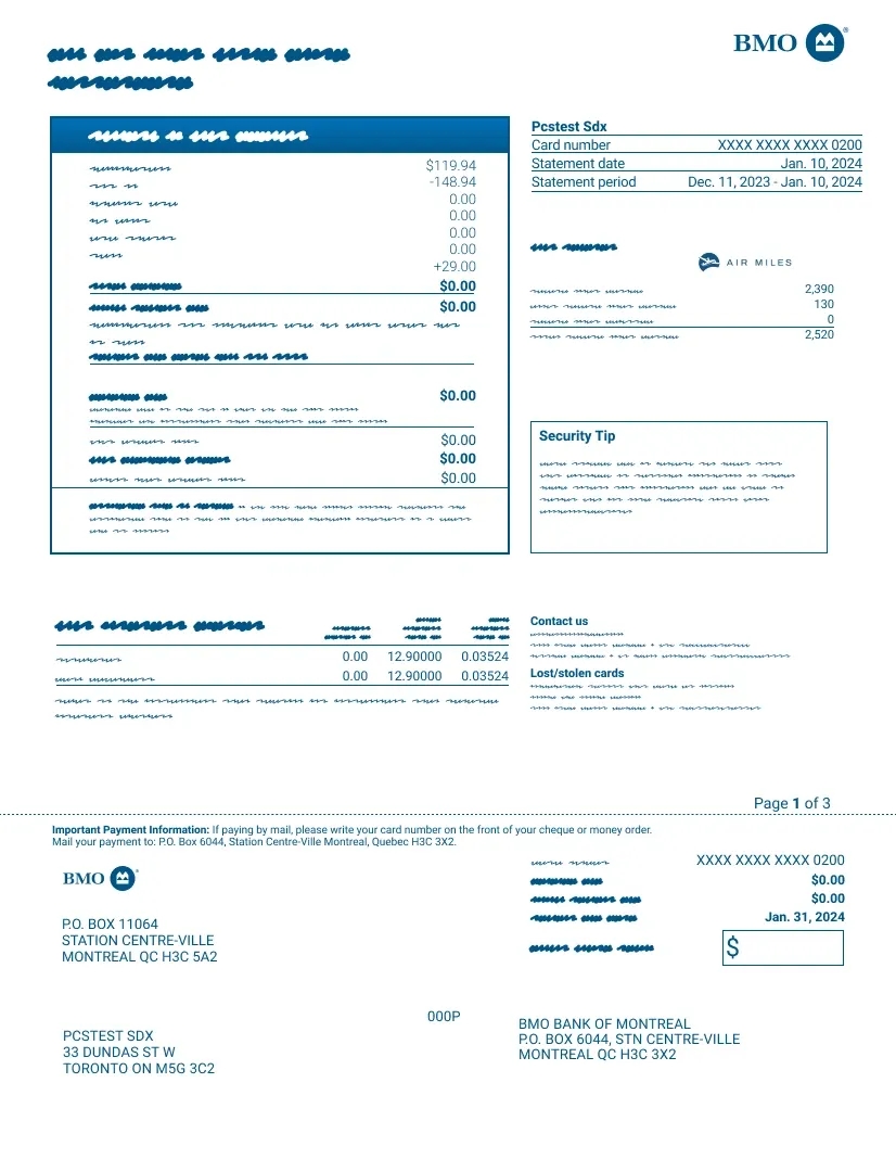 Example of a BMO credit card statement