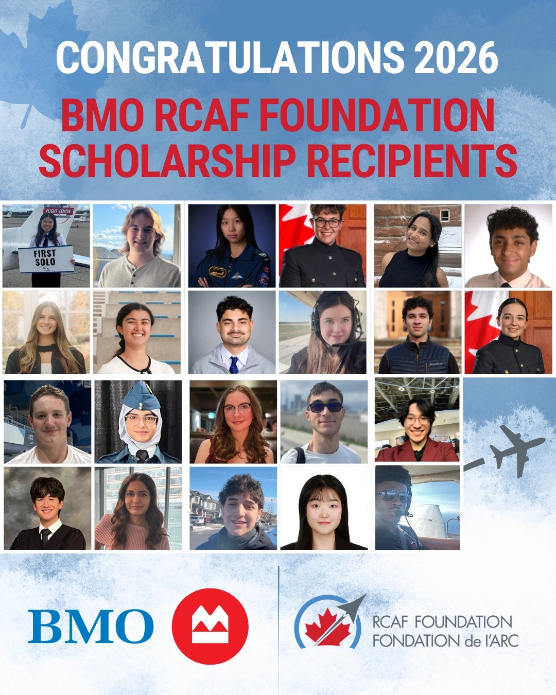 Congratulations 2026 BMO RCAF Foundation scholarship recipients graphic with a photo grid of the recipients.