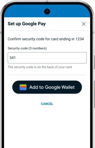 Set up Google Pay screen opened with a prompt to confirm 3 digit security code and select the Add to Google Wallet button