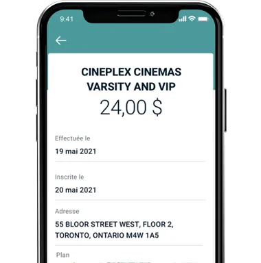 capture d'écran de l'appli mobile de B M O, affichant l'achat cineplex