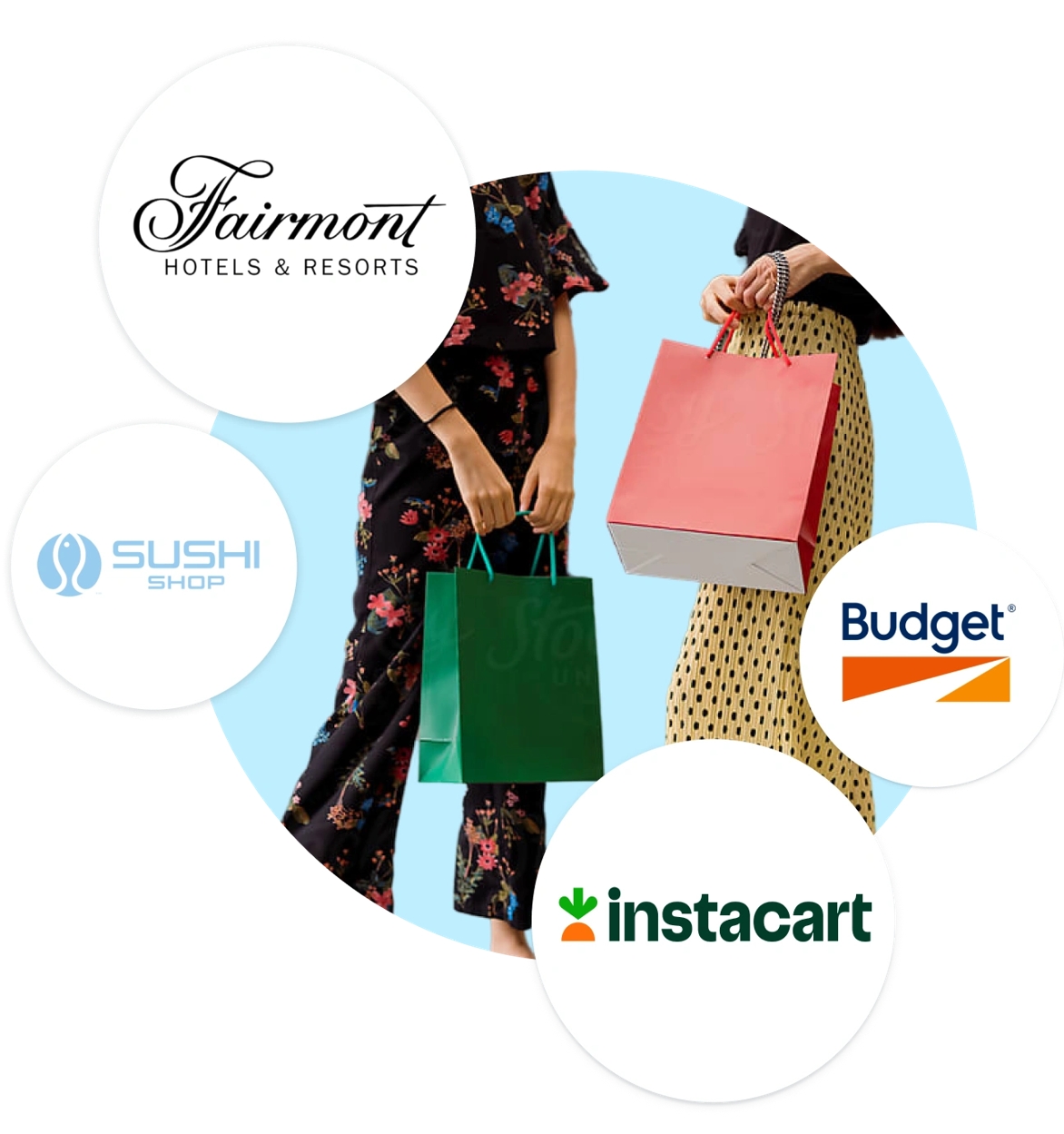 Logos pour les chez les Récompenses Bleu partenaires, y compris Fairmont Hotels & Resorts, Sushi Shop, Instacart et Budget.
