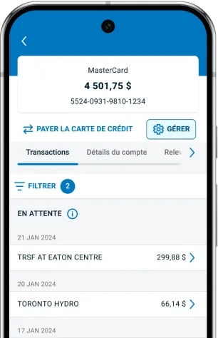 Appli B M O ouverte à l’écran Carte de crédit avec le bouton Gérer sélectionné