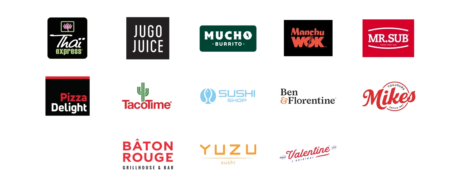 Logos pour les nourriture et boisson chez les partenaires, y compris Thai Express, Jugo Juice, Mucho Burrito, Manchu Wok, Mr. Sub, Pizza Delight, Sushi Shop, Taco Time, Ben & Florentine, Valentine, Toujours Mikes, Yuzu, Baton Rouge